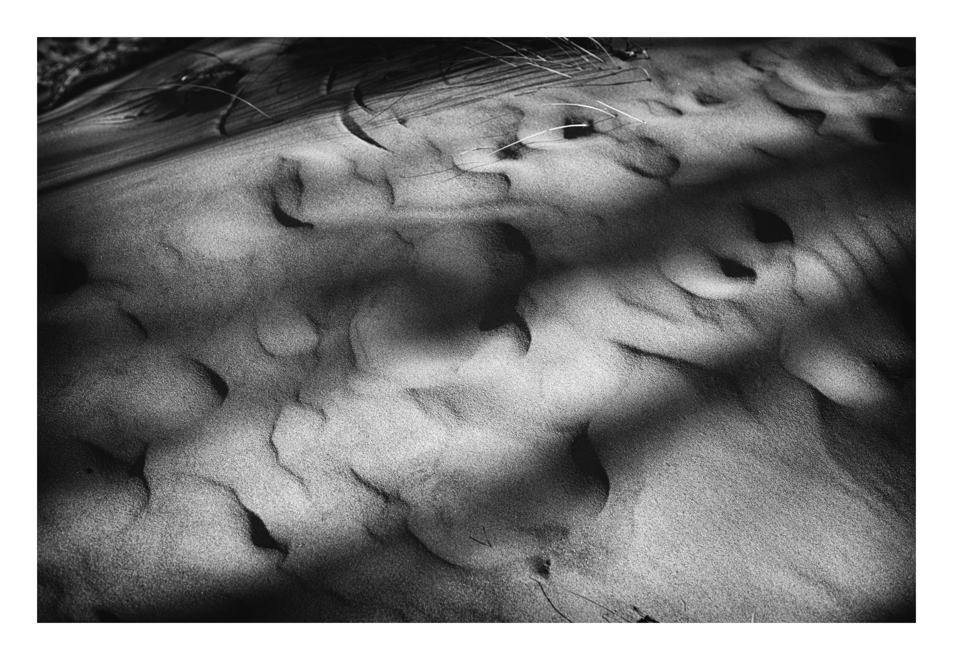 Black and white photograph of wind-shaped sand, forming soft ridges and shadows across the surface.