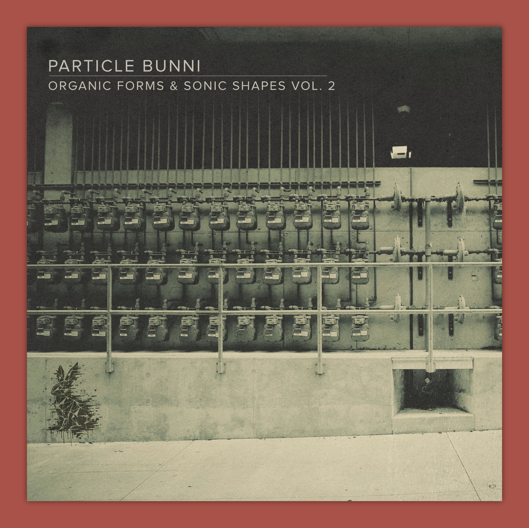 Album cover showing a symmetrical wall of industrial gas meters and piping in muted tones. The text “Particle Bunni — Organic Forms & Sonic Shapes Vol. 2” appears at the top in understated typography.