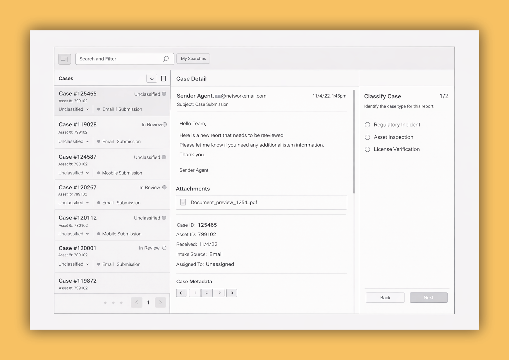 Conceptual interface diagram representing a centralized compliance intake and triage platform.