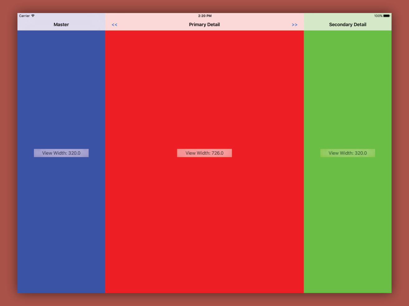 Early landscape prototype of the three-pane layout