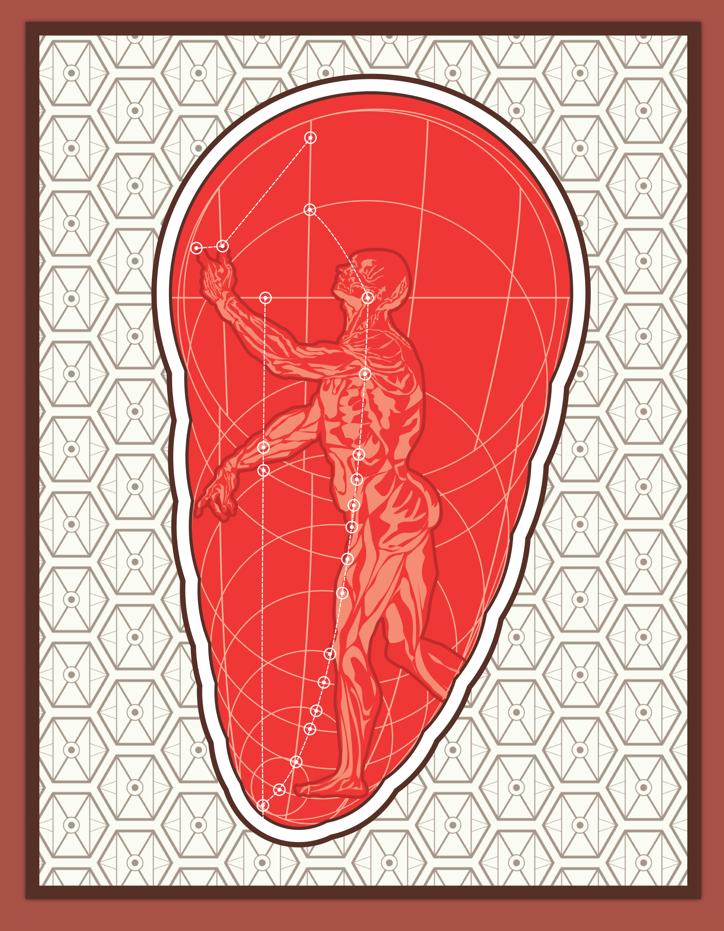 Illustrated poster of a red, anatomical human figure reaching upward inside an abstract head-shaped form. White geometric lines, nodes, and arcs overlay the figure, suggesting measurement, alignment, and motion. The background features a repeating geometric pattern in muted tones.