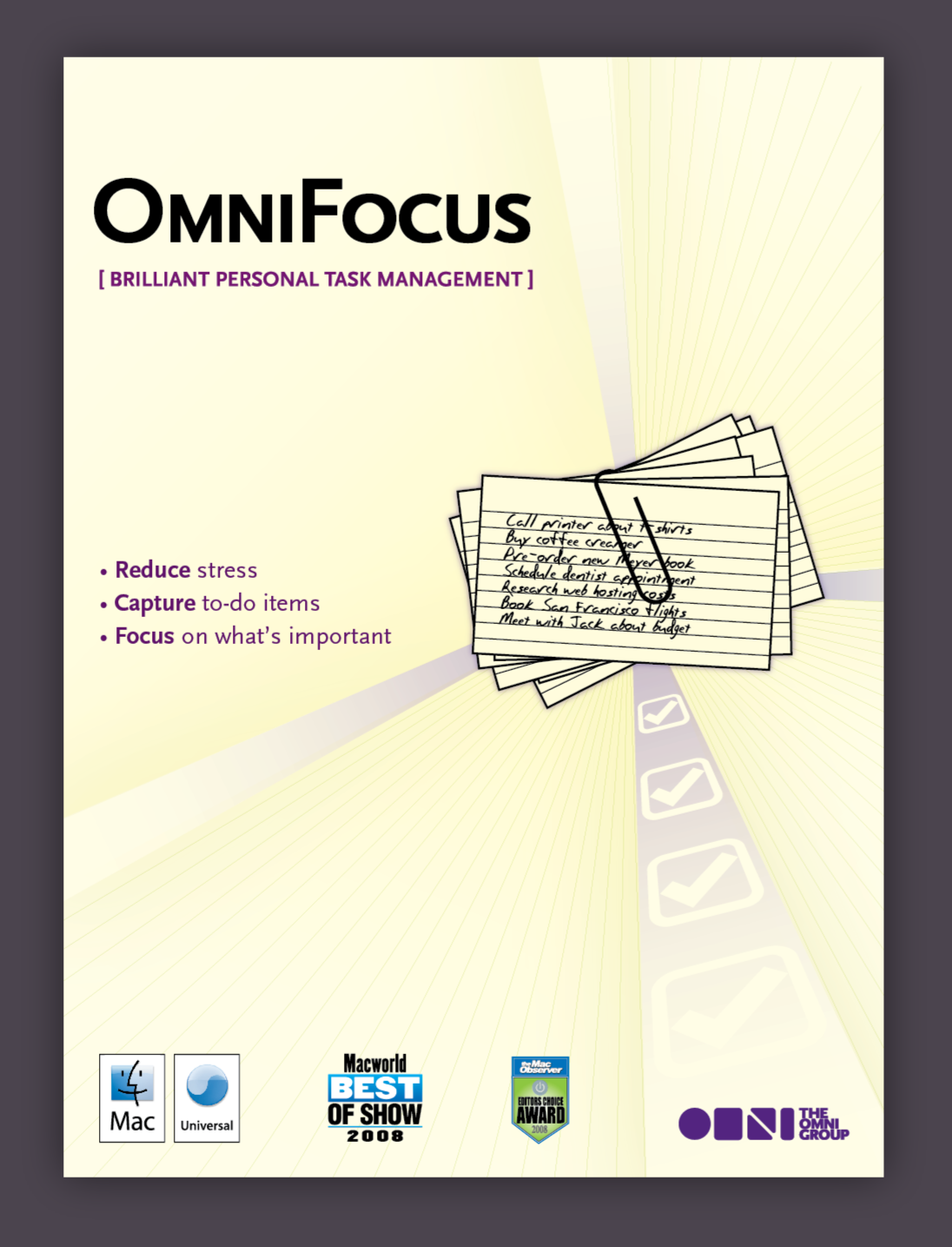 Front of the OmniFocus software box showing stacked handwritten to-do cards and the headline “Brilliant Personal Task Management.”
