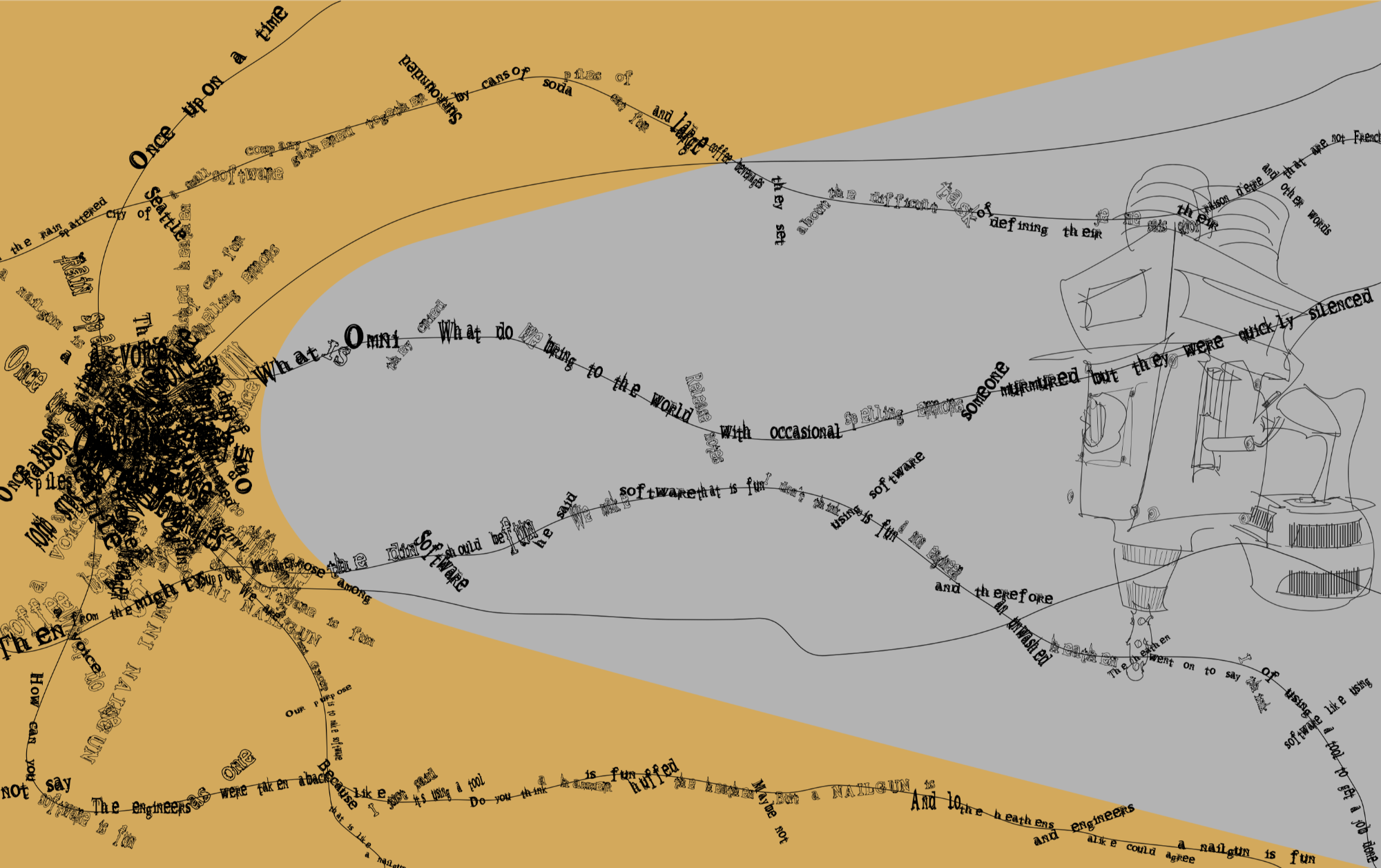 Abstract illustration featuring flowing, distorted text and hand-drawn lines forming a loose narrative across a yellow and gray background. The composition feels kinetic and chaotic, suggesting motion, sound, and playful disruption.