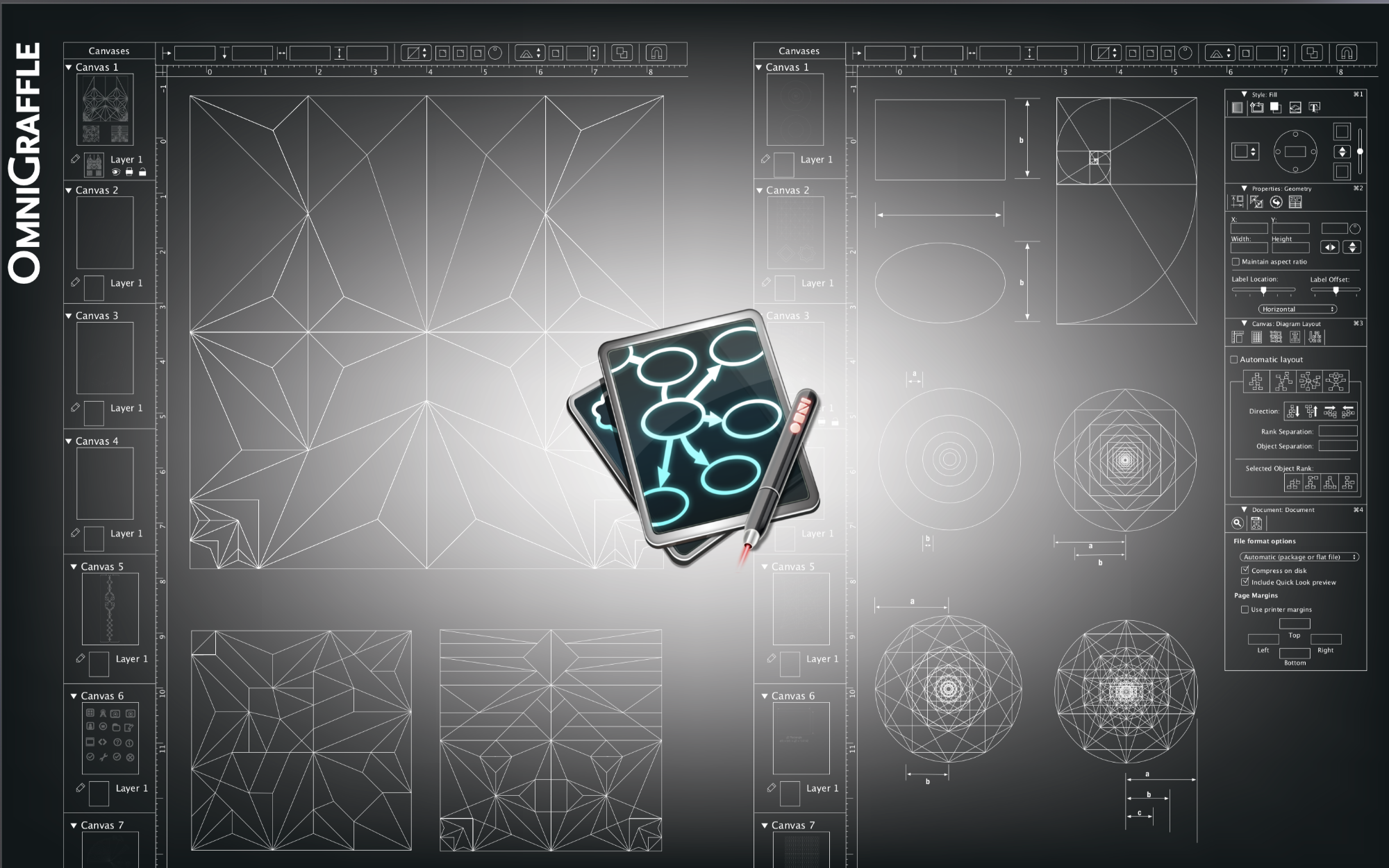 Dark, technical wallpaper composed of geometric diagrams, grids, and construction lines. The OmniGraffle interface and icon appear layered over abstract diagrammatic shapes, evoking precision and visual logic.