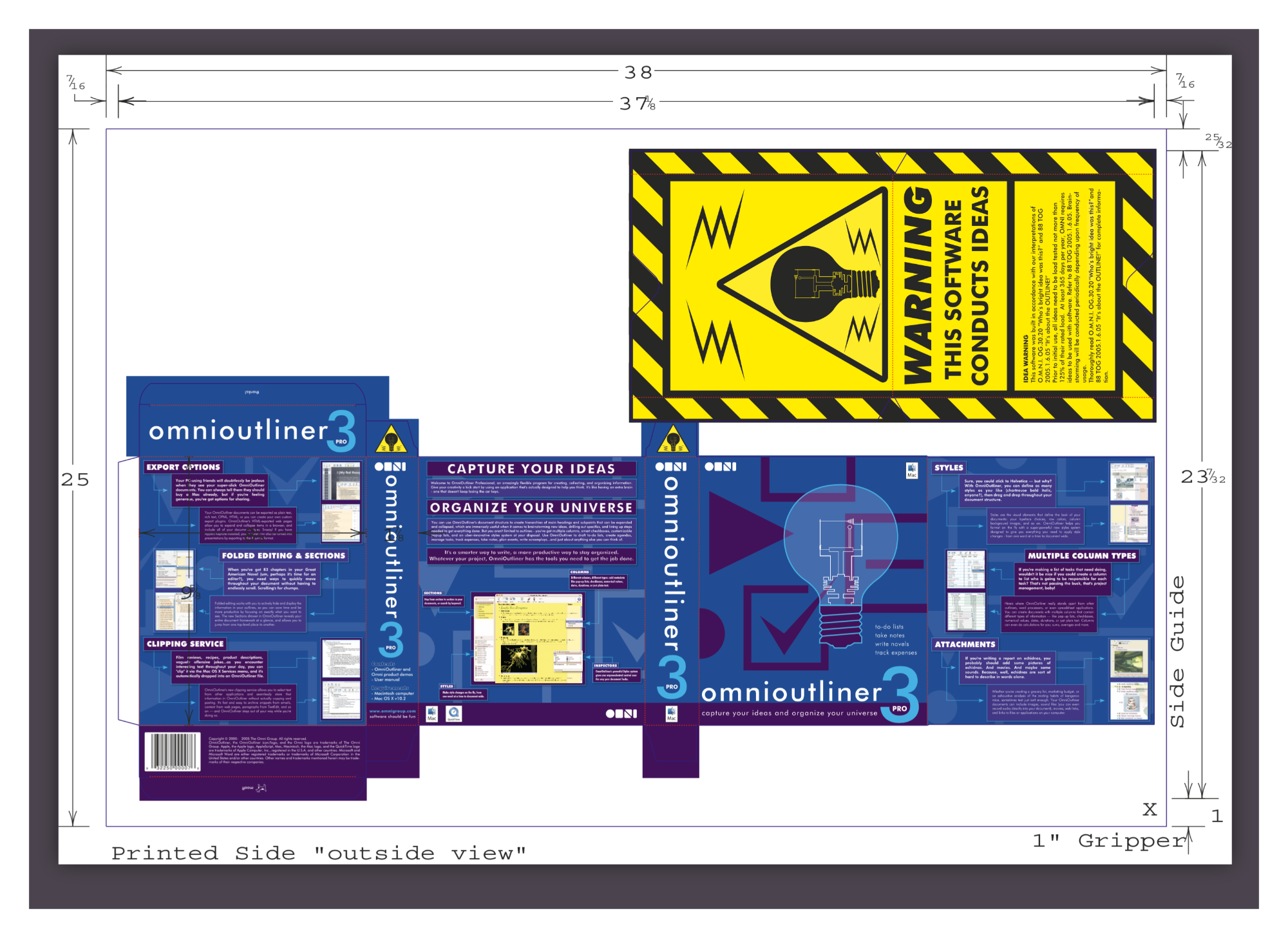 OmniOutliner software box dyeline showing the full outside print layout with dimensions, panels, and fold guides.