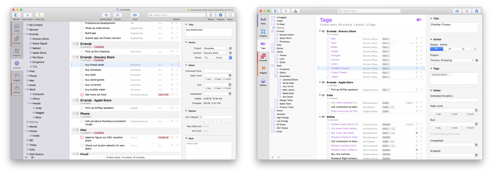 OmniFocus 2 on the right and OmniFocus 3 on the left